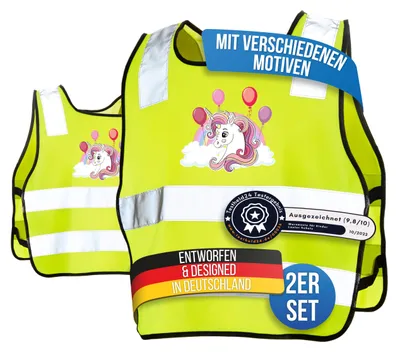 Produktbild von LAUTER SCHUTZ ® Warnweste Kinder (3-12 Jahre) Sicherheitsweste [2 Stück] für bessere Sichtbarkeit bei Tag und Nacht für Sport, Laufen, Fahrrad, Weg zur Schule & Auto (Reflektorweste - Einhorn)