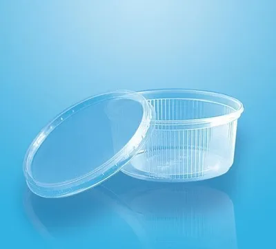 A clear plastic container with a lid, isolated on a light blue background.