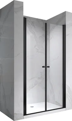 A modern shower enclosure with black framed glass doors set against a marble-tiled wall.