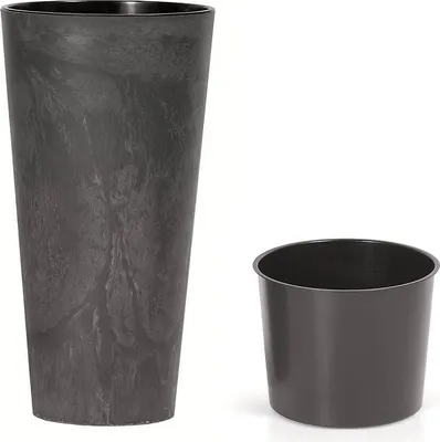 A tall, dark gray planter with a marbled effect and a smaller, dark gray inner pot are shown against a white background.