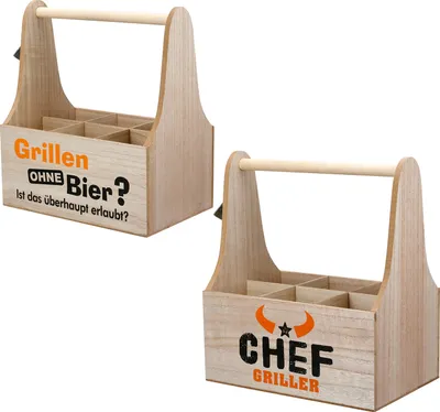 Zdjęcie produktu dla Gilde Flaschenträger, "Grill", Spruch, MDF, naturfarben, VE 4, 2fach sortiert, L. 17 cm, B. 26 cm, H. 30 cm