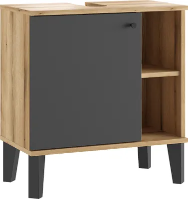 Produktbild von Badezimmer-Waschbeckenunterschrank 60 cm breit in Eiche mit grau, 1 Tür, 2 offene Fächer OLEAN-61