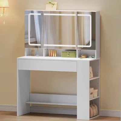 Produktbild von WOLTU Schminktisch mit Beleuchtung Spiegel LED, Schminktisch mit Schublade, Ablage hinter dem Spiegel, weiß, 90 x 40 cm
