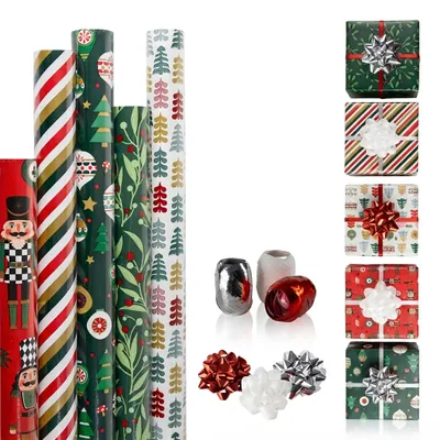 Imagen del producto de Papel de regalo navideño, 200 x 70 cm, con motivos festivos - 5 rollos - Rollo de papel de regalo navideño, 2 metros, de colores, con cinta y lazos