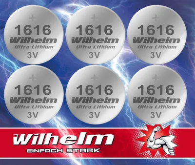 Six coin cell batteries are arranged in two rows against a background of blue lightning.