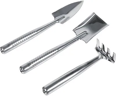Image de Ensemble compact d'outils de jardinage en acier inoxydable Unyqoos® : pelle triangulaire, pelle carrée et râteau de jardin, idéal pour les travaux de jardinage en pot, de bonsaï et les petits jardins