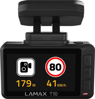 A black dashcam with a screen displaying speed limit and distance information.