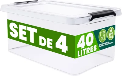Image de DEUBA® 4x Boîte de rangement 40L en plastique transparent empilable sans BPA gain de place caisse de rangement organiseur
