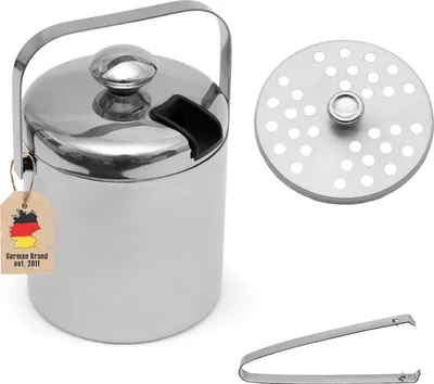 Produktbild von Intirilife 4-teiliges Eiskübel Set 1.3 Liter aus Edelstahl mit Greifzange und Deckel, isoliert, doppelwandig - Eiswürfelbehälter Eiseimer mit Eiszange zum Kühlen von Champagner, Bier, Softdrinks