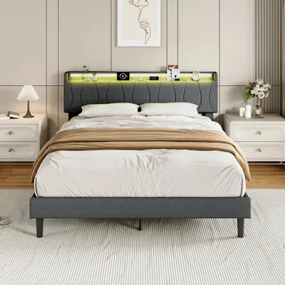 Immagine prodotto di Letto matrimoniale 140 x 200 cm - Letto imbottito - Letto per adulti - Struttura in legno - Rivestimento in lino - Grigio