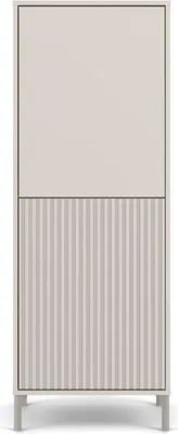 A front view of a tall, narrow cabinet with a smooth, light-colored upper section and a ribbed, light-colored lower section, standing on four thin legs.