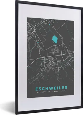 Produktbild von MuchoWow® Gerahmtes Poster Stadtplan - Karte - Deutschland - Blau - Eschweiler - Karte 40x60 cm - Poster mit Schwarzem Bilderrahmen Wandposter Rahmen Foto Bilder - Poster in Rahmen