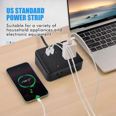 Image de Multiprise américaine avec 4 prises, 3 ports USB et 1 port Type-C – Multiprise avec protection contre les surtensions pour la maison et le bureau