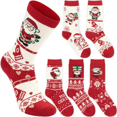 Produktbild von BRUBAKER Weihnachtssocken Set Damen 36-41 – Weihnachtsmann & Schneeflocken – Winter Baumwollsocken Rot Weiß