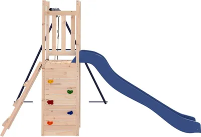 A wooden playground tower with a blue slide and climbing wall, set against a white background.