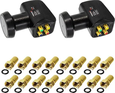 Produktbild von 2x LNB Quad 0,1 dB PremiumX PXQS-SE Quattro Switch mit vergoldeten Anschlüsse zum Direktanschluss von 4 Teilnehmern Digital HDTV FullHD 3D tauglich + 16 F-Stecker 7mm in Gold-Farbe mit Dichtring GRATIS DAZU