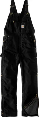 A black Carhartt bib overall is shown against a white background.