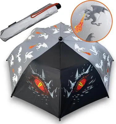 Image de HECKBO Parapluie enfant dragon – changement de couleur sous la pluie, réfléchissant, poignée en bois, porte-nom
