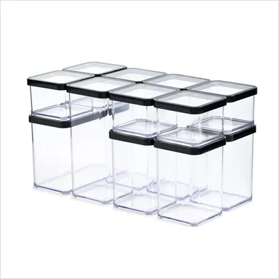A set of clear plastic food storage containers with black lids, arranged in two rows.