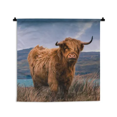 Produktbild von MuchoWow® Wandteppich Wandbehang Schottische Hochlandrind - Himmel - Natur 120x120 cm Tapisserie Dekoration Wandtuch - Modern - Baumwollgewebe