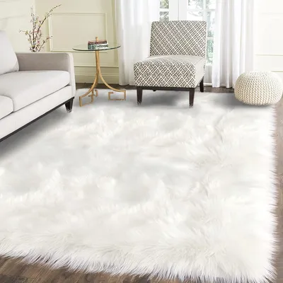 Zdjęcie produktu dla Sztuczny dywan, biały, zmywalny, puszysty, prostokątny, 120 x 150 cm