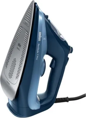 A blue and silver Braun steam iron is shown against a white background.