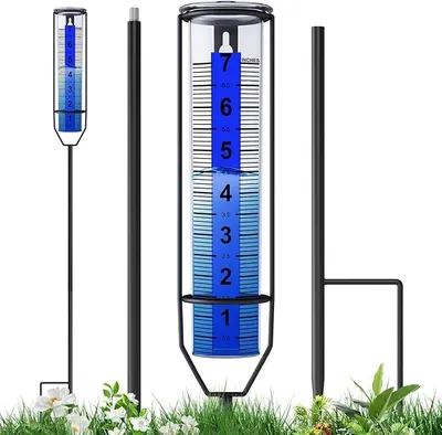 Produktbild von Garten Regenmesser aus Eisen – Outdoor Regenmesser mit Plastikbehälter, blauen Streifen und Spiraldesign, dekorativ für den Garten