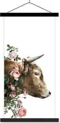 Produktbild von MuchoWow® Textilposter Schottisches Hochlandrind - Kuh - Blumen 60x120 cm mit schwarzem Rahmen - Magnete