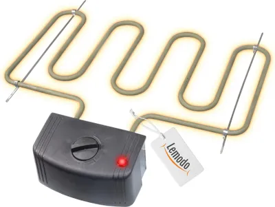 A close-up shot of an electric heating element for a smoker oven, with a temperature controller and a brand tag.