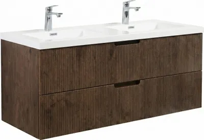 Produktbild von Badplaats Badmöbel Set mit Waschbecken und Unterschrank Thermis 120 x 48 cm Walnuss Braun - Waschbeckenunterschrank mit Soft-Close und Doppelwaschbecken, Vorgemontiert