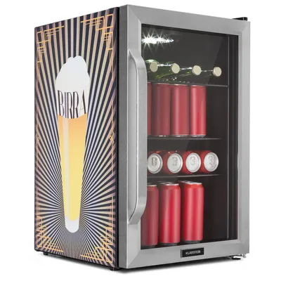 Zdjęcie produktu dla Lodówka Klarstein 70 l, mała lodówka z wyjmowanymi półkami, cicha mini lodówka z szklanymi drzwiami i oświetleniem LED, mała lodówka na napoje, nadająca się do użytku na zewnątrz, sejf na piwo w butelkach, 0–10°C