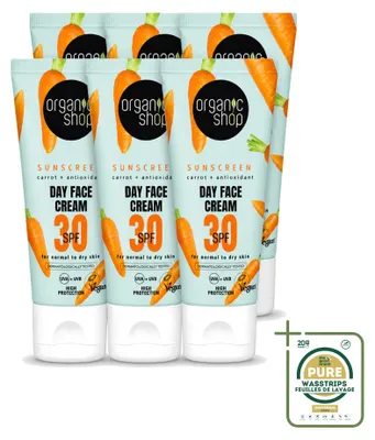 Zdjęcie produktu dla 6 sztuk kremu do twarzy z filtrem SPF 30, przeznaczonego do skóry normalnej i suchej, marki Organic Shop, pojemność 50 ml, zestaw ekonomiczny