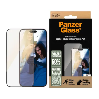 Obrázok produktu pre PanzerGlass ® EyeCARE™ Screen Protector iPhone 16 Plus | 15 Plus | Ultra-Wide Fit, Apple, Apple - iPhone 16 Plus, Apple - iPhone 15 Plus, Suché aplikovanie, Odolné proti poškriabaniu, Odolný proti nárazom, Priehľadná, 1 kusov