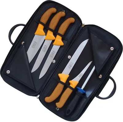 A set of six knives in a black carrying case.