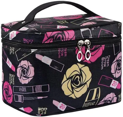 Image de Pochette de voyage Ibzoa® pour cosmétiques, imperméable et spacieuse – Pochette de maquillage en polyester avec 5 compartiments généreux, fermetures éclair en métal, une large anse de transport, de couleur noire, pour femmes et filles