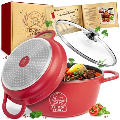 Produktbild von KRUSTENZAUBER 24cm Aluguss Bräter mit Deckel backofengeeignet [inkl. Glasdeckel] - 4L Aluminium Schmortopf & Bratpfanne - Idealer Bräter Induktion, Schmorpfanne, Bratentopf, Gussbräter, Kasserolle