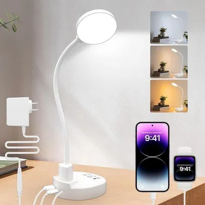 Zdjęcie produktu dla Lampa biurkowa z 60 diodami LED - biała - 5 x 5 x 5 cm - możliwość regulacji jasności - z portami USB-A i USB-C - idealna do domu i biura