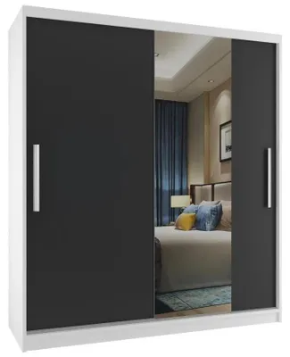 Image de BELINI Verona : Armoire coulissante de 133 cm, blanc/noir mat - Armoire avec miroir et penderie, idéale pour la chambre