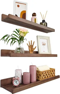 Image de Étagère murale en bois 60 cm, étroite, à suspendre, en noyer