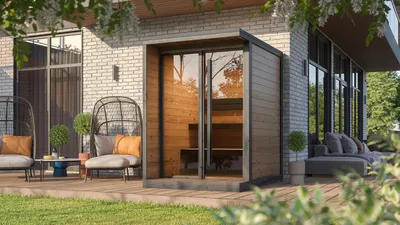 Produktbild von Saunahaus Weka Viira 1 Thermowood ohne Ofen mit bronzierter Ganzglastüre