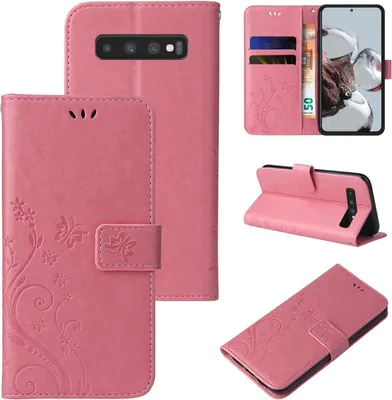 Produktbild von Handyhülle für Samsung Galaxy S10+ Floral Blumen Schmetterling Flip Cover Hülle Case Klapphülle Handytasche Farbe: Rosegold