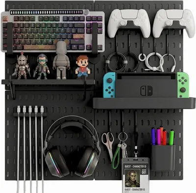 Produktbild von Lochwand Set 56 x 56 cm, schwarz, mit Kopfhörerhalter und Controller Halterung, für Gaming