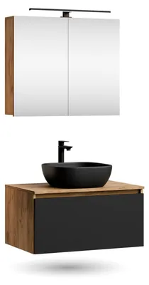 Produktbild von ARISA Badmöbel Set in Schwarz - Mit Spiegelschrank "ARIA" und schwarzem Keramik-Aufsatzwaschbecken 42 cm