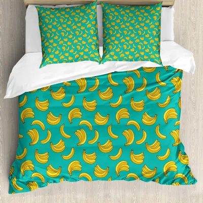 Obrázok produktu pre ABAKUHAUS Žltá a modrá sada obliečok na posteľ, tropický banánový vzor v jasných tónoch exotického letného motívu s palmami, 155 x 220 cm + 80 x 80 cm, tyrkysovožltá