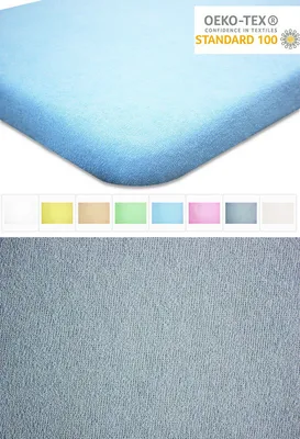 A close-up of a light blue fitted sheet with a row of color swatches below it and a close-up of a gray textured fabric.