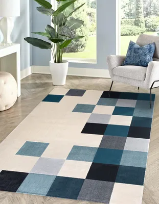 Produktbild von Kurzflorteppich rechteckig Wohnzimmer Teppich KUBIK Beige-Blau, 120 x 170 cm