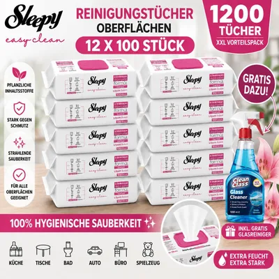 Produktbild von Sleepy Easy Clean Oberflächenreinigungstücher – 12x100 Lilium + Glasreiniger GRATIS