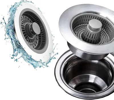 Produktbild von 3-in-1 Spülbeckenstöpsel für die Küche, universelles Abflusssieb zur Filterung von Lebensmittelresten, Bohrungsdurchmesser von 76–81 mm, Spülentiefe >28 mm