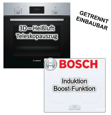 Produktbild von Bosch Herdset Einbaubackofen 3D Heißluft Teleskopauszug + Induktionskochfeld Weiß PowerBoost Bräterzone Touch