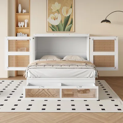 Produktbild von Schrankbett 140x200 weiß, vertikales Wandbett mit Lattenrost, Stauraumschubladen und Rattan-Design für Schlafzimmer